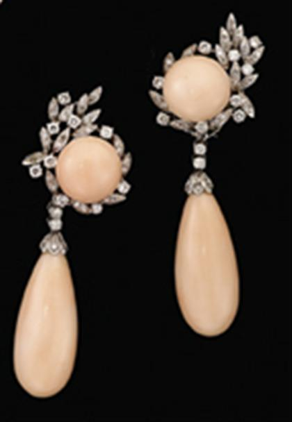 White gold coral and diamond drop earrings 1950s Petite circular