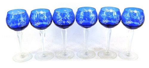 A set of six blue glass hoch glasses each with