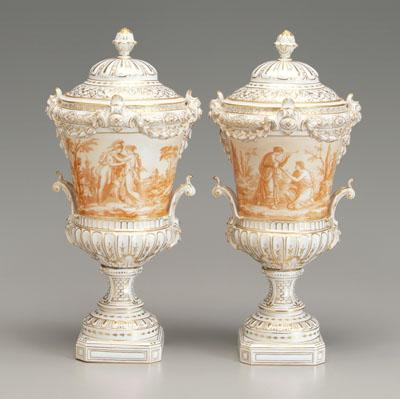 Pair porcelain urns sepia reserves with classical figures swag bellflower