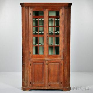 Carved Pine Glazed Corner Cupboard possibly New England c 1810