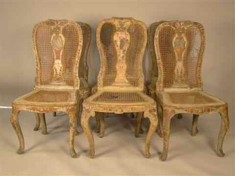 SET OF SIX VENETIAN PAINTED CANED DINING CHAIRS each yokeform
