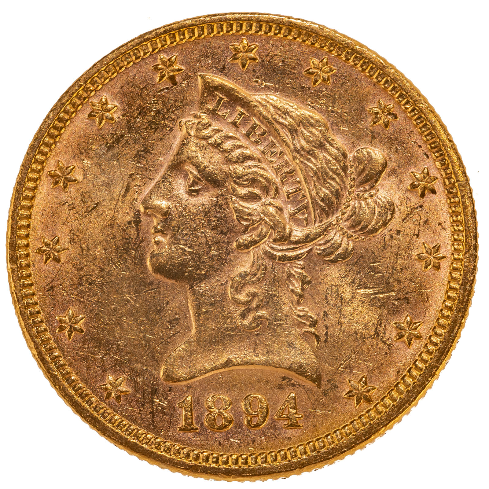 1894 10 GOLD EAGLE XF45 Obverse has marks equivalent to