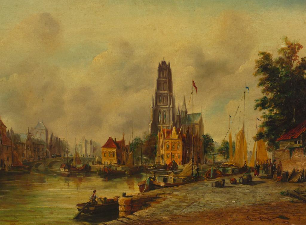 SIMON Z DOLLMAN FLEMISH 20th CENTURY CONTINENTAL HARBOUR SCENE signed