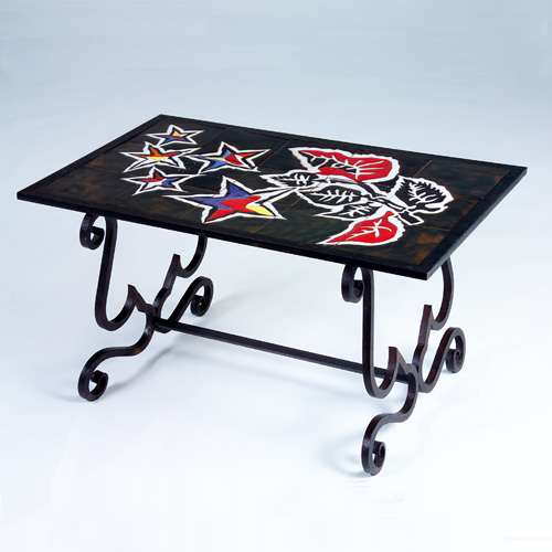 JEAN LURCAT Tile top table with leaves and stars in