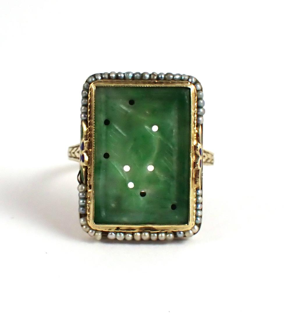 JADE AND SEED PEARL FOURTEEN KARAT GOLD RING with rectangular