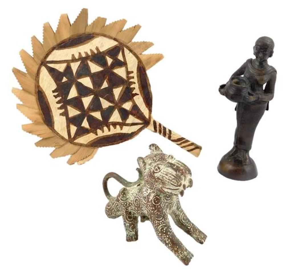 ASIAN Three Southeast Asian pieces one fan and two metal