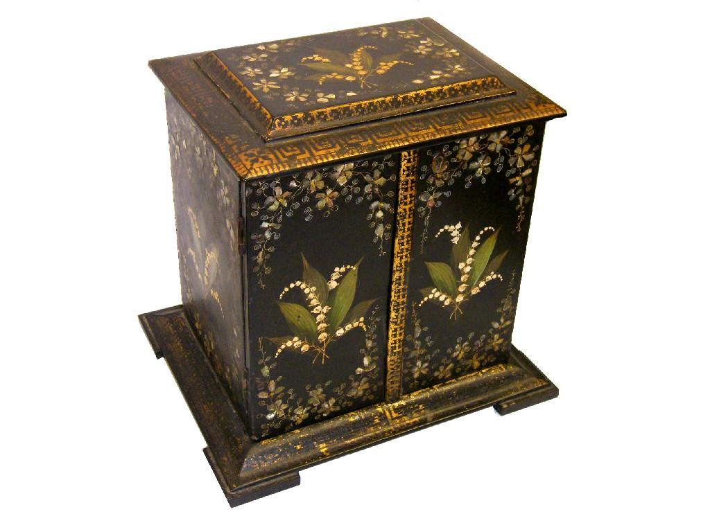 Victorian ebonised lacquer jewellery table cabinet inlaid with abalone and