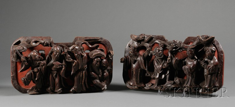 Pair of Architectural Elements China 19th century high relief carving