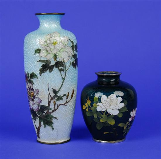 TWO JAPANESE CLOISONNE CHRYSANTHEMUM DECORATED VASES one with fish scale