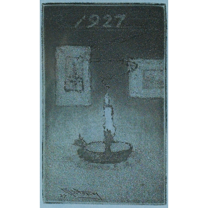 E T Hurley etching aquatint on blue paper depicting a