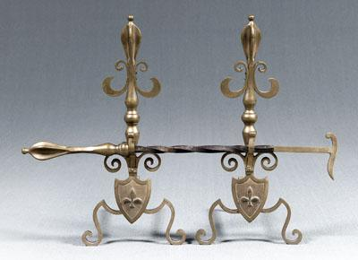 Pair French bell metal andirons scrolled baluster and fleur de