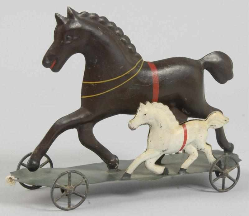 Early Tin Horse Platform Toy Description American All tin with