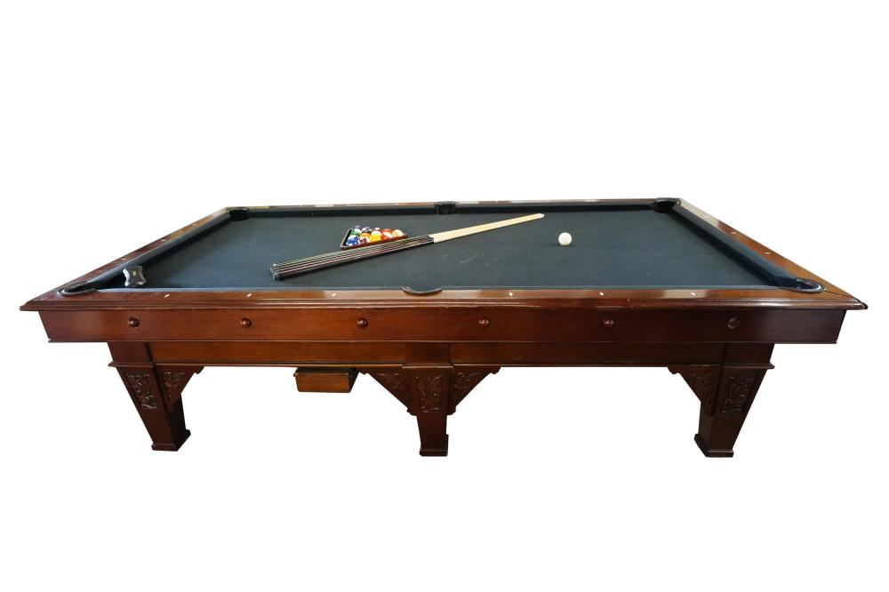 GERMAN CARVED MAHOGANY BILLIARDS TABLEsigned J Neuhusen s Billardfabrik Berlin