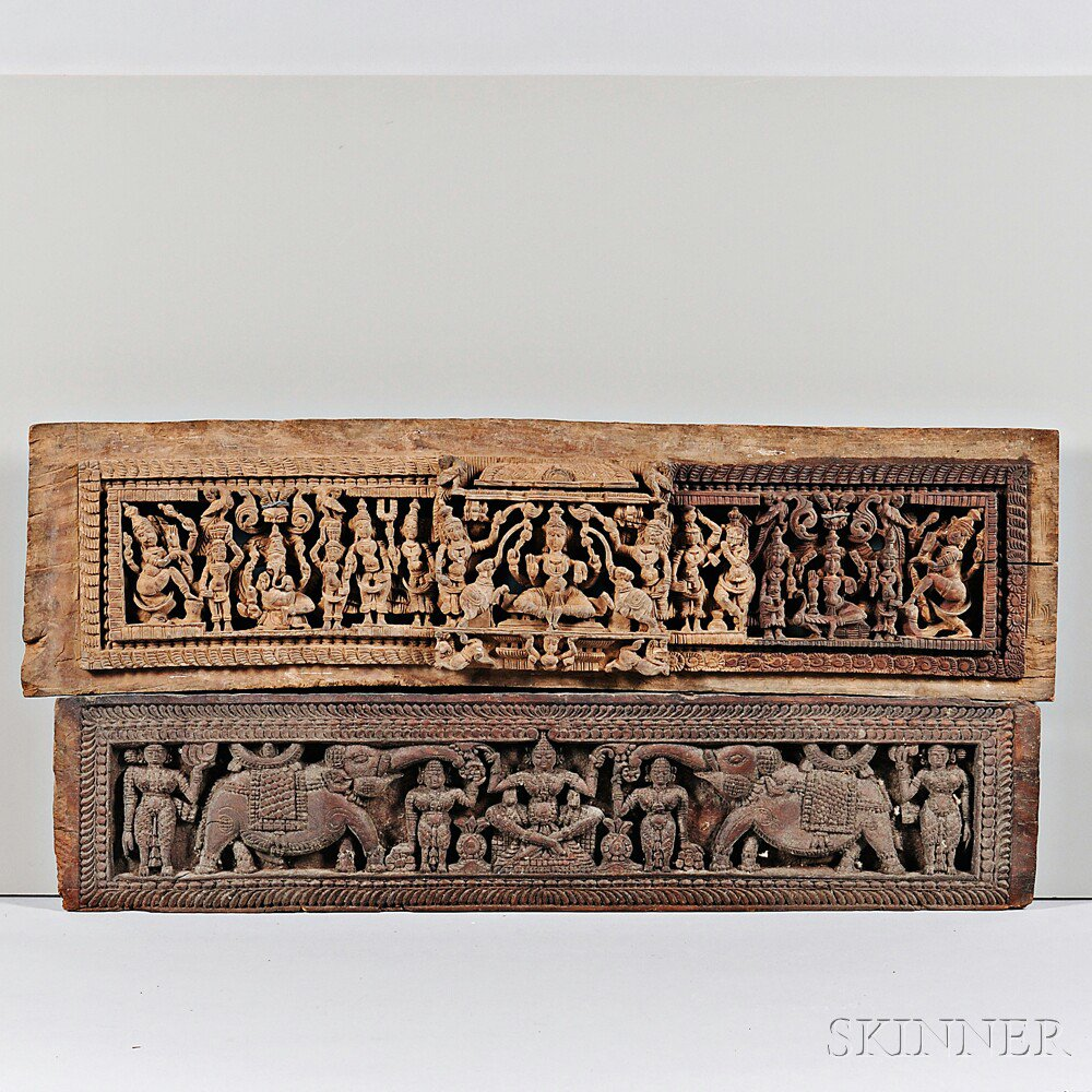Two Wooden Lintel Friezes India one depicting seated Lakshimi flanked