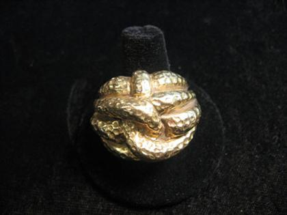 14 karat yellow gold love knot ring contemporary Hammered finish