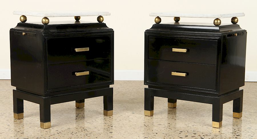 EBONIZED 2 DRAWER BED STANDS MANNER OF JAMES MONT A