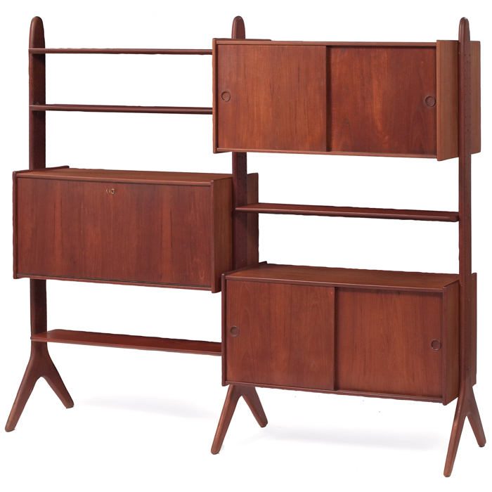 Danish Modern wall unit 1960s teak three vertical supports with
