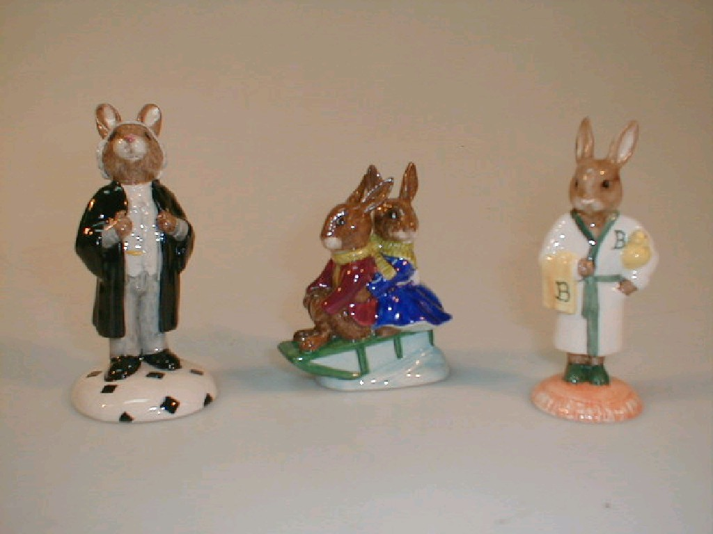 Three Royal Doulton Bunnykins figures Billie Buntie Sleigh Ride DB