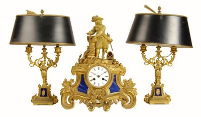 A 19th century French ormolu and porcelain mounted clock garniture