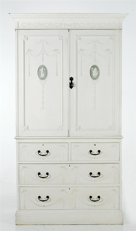 Adam style painted linen press late 19th century molded cornice