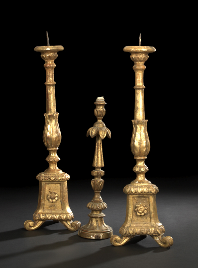 Pair of Italian Carved Giltwood Tripodal Pricket Altar Candlesticks first