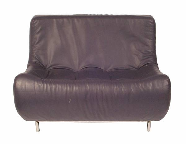 A contemporary blue leather upholstered sofa height 36in width 27in