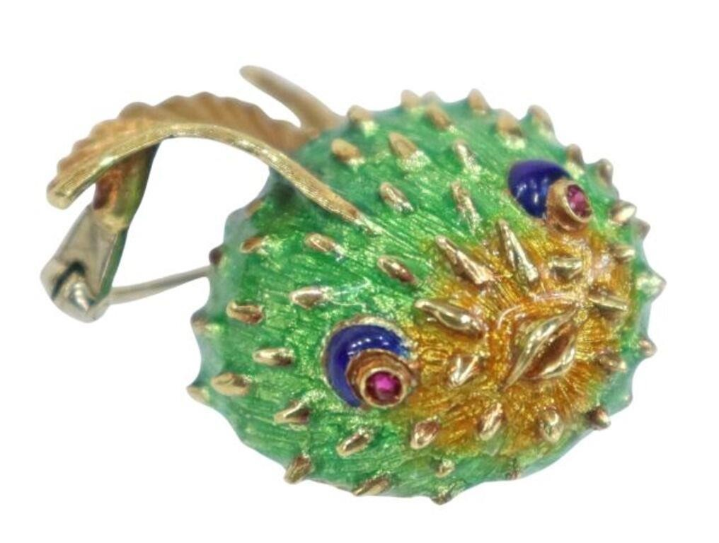 Estate 18kt yellow gold brooch pin stylized pufferfish accented with