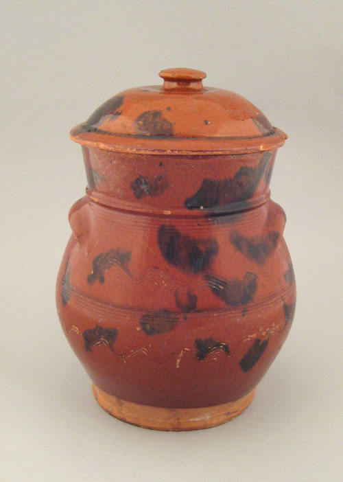 New England redware covered crock 19th c with manganese splash