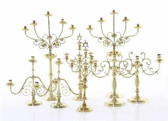 Ornate English brass candelabra group pair double arm candelabra with