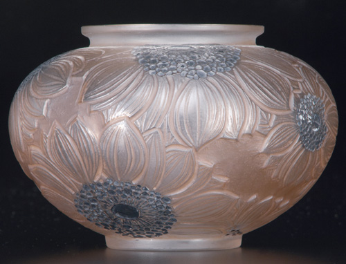 R LALIQUE Vase Dahlias clear and frosted with sepia patina