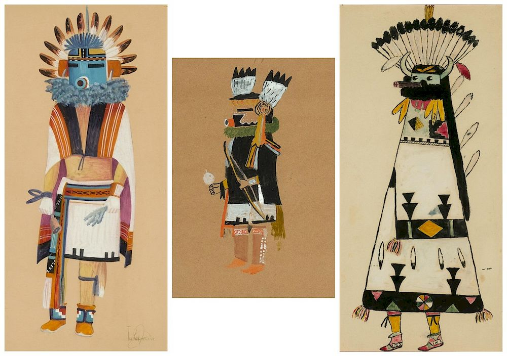 American Indian Three Works on Paper a Unknown Hopi Morning