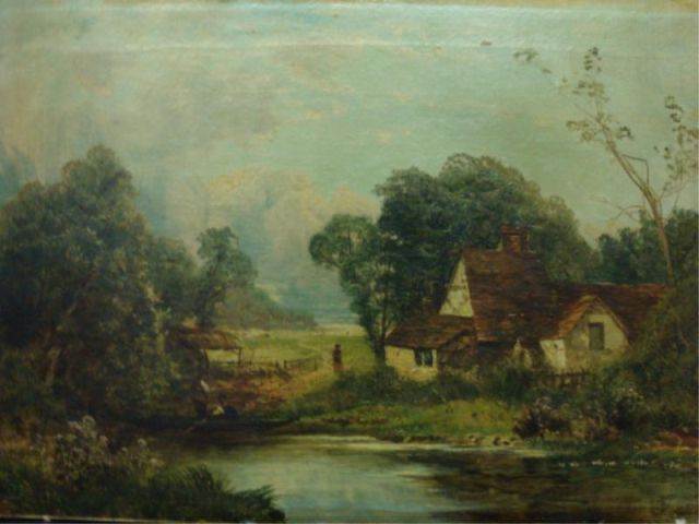 Unknown O C Pond Scene with Boaters and Woman Signed