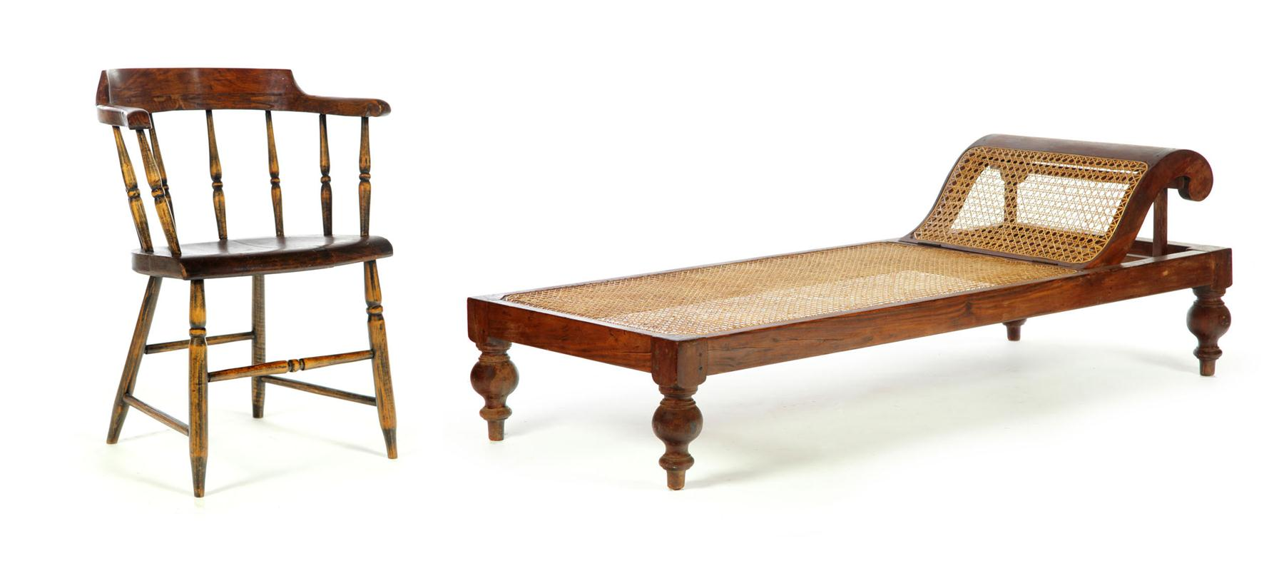 CHAISE LOUNGE AND WINDSOR ARMCHAIR Continental late 19th early 20th