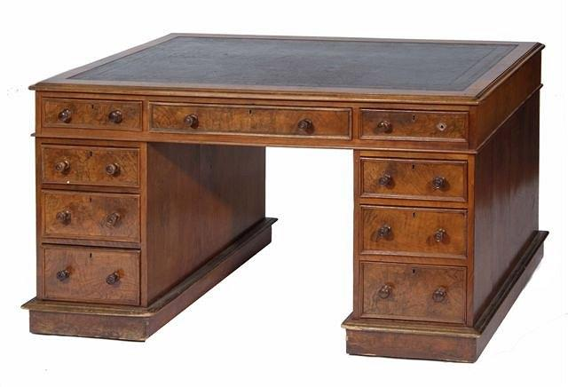 A VICTORIAN FIGURED WALNUT RECTANGULAR PEDESTAL WRITING DESK fitted one