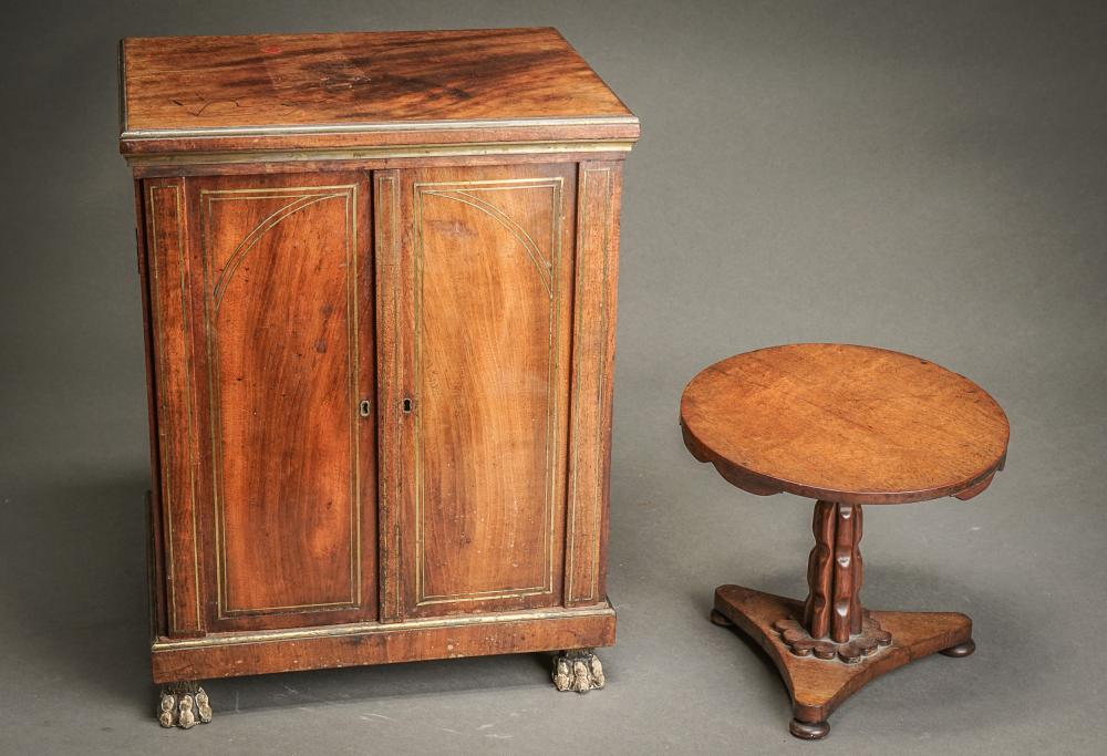 CHARLES X BRASS INLAID MAHOGANY DOUBLE DOOR TABLE CABINET AND