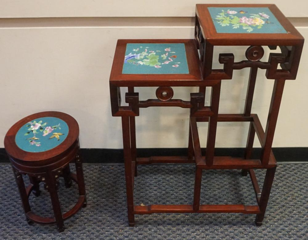 CHINESE HONGMU CLOISONNE TOP TWO TIER TABLE AND STOOL LARGER