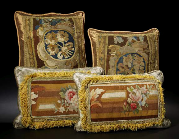 Opulent Pair of French Antique Verdure Tapestry Faced Sofa Pillows