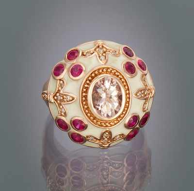 A Ladies Morganite Ruby and Diamond Ring 14 rose gold