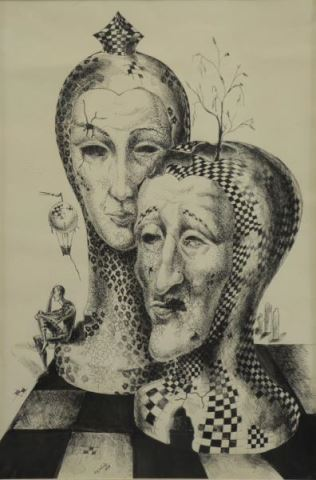 Signed 1989 Israeli Ink on Paper Drawing Surrealist Heads Signed