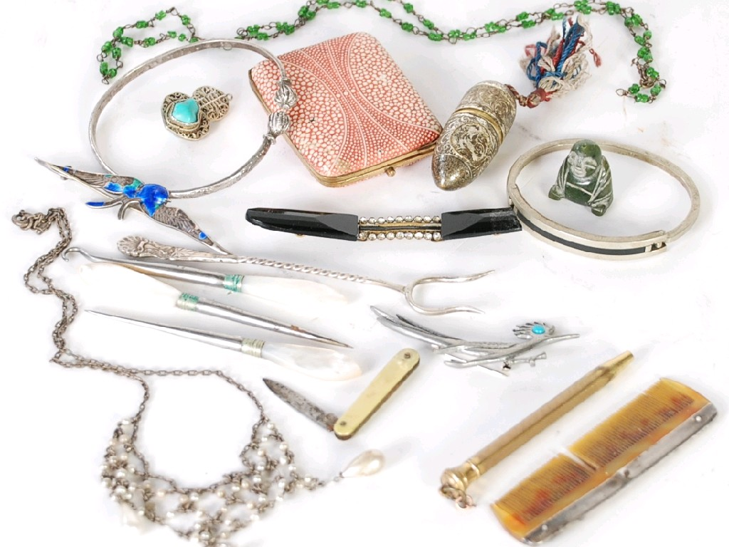 COSTUME JEWELLERY AND MISCELLANEA including silver and blue enamel bird