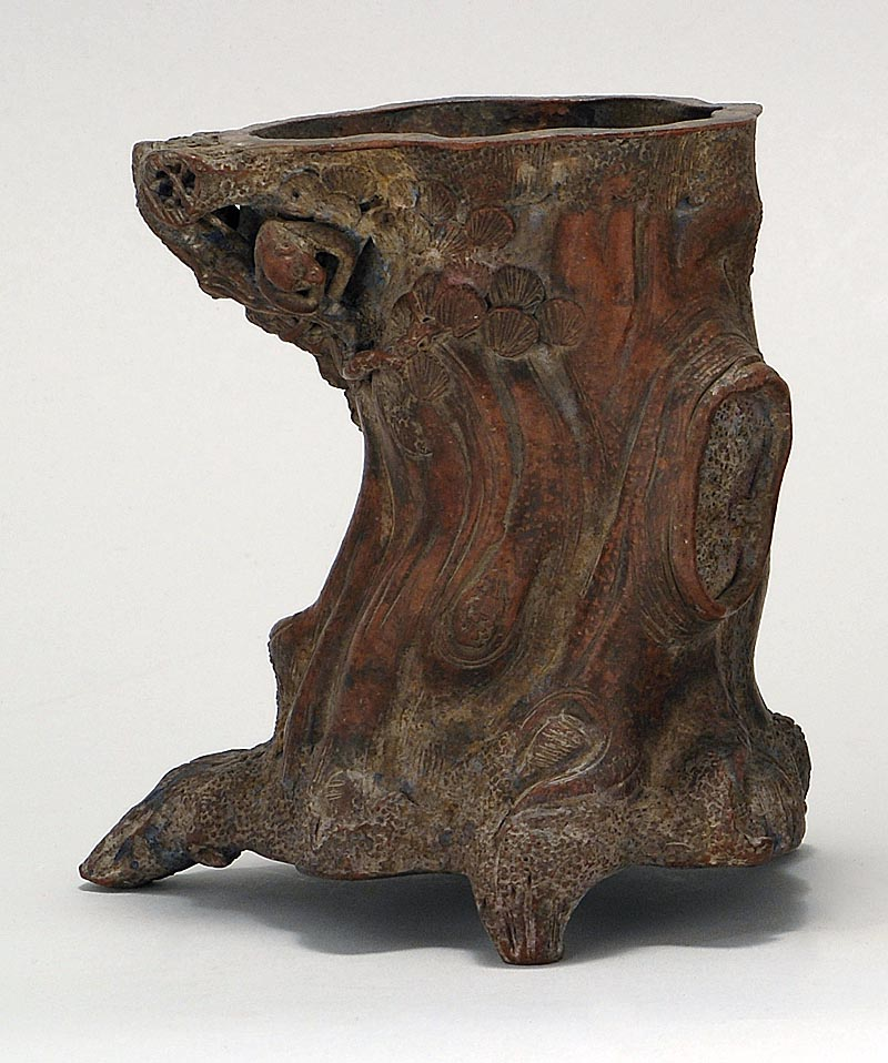 YIXING POTTERY BRUSH POT In tree stump form with relief
