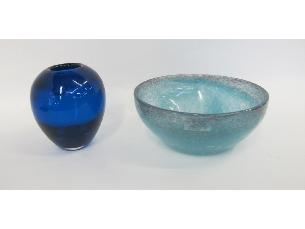 Vasart glass bowl and a blue glass vase
