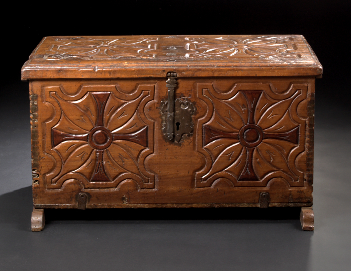 Continental Carved Oak Coffer late 18th century the hinged top
