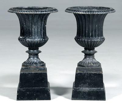 Pair cast iron garden urns each of typical form on