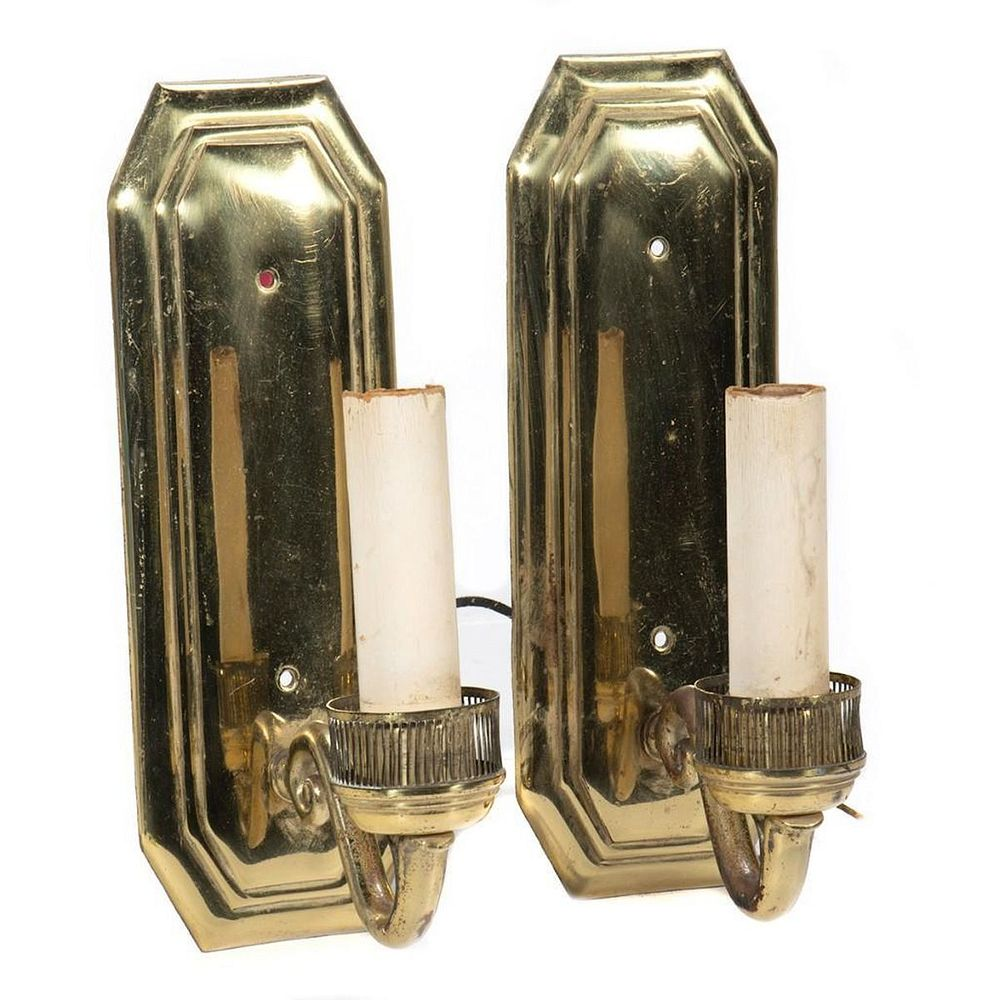 Pair of Neoclassical Brass Sconces The arched candle cups fronting
