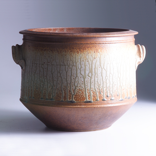 STONEWARE JAR Large two handled stoneware jar with decorative veining