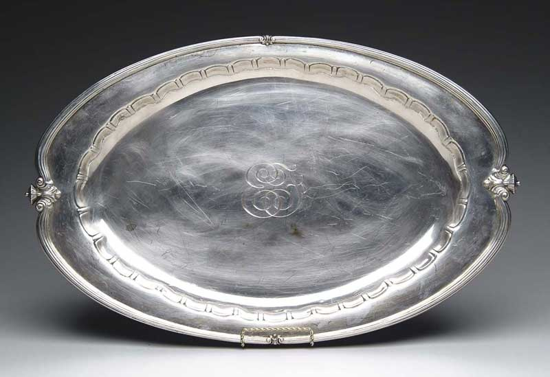 DECORATED LARGE OVAL STERLING SILVER MEAT PLATTER BY TIFFANY CO