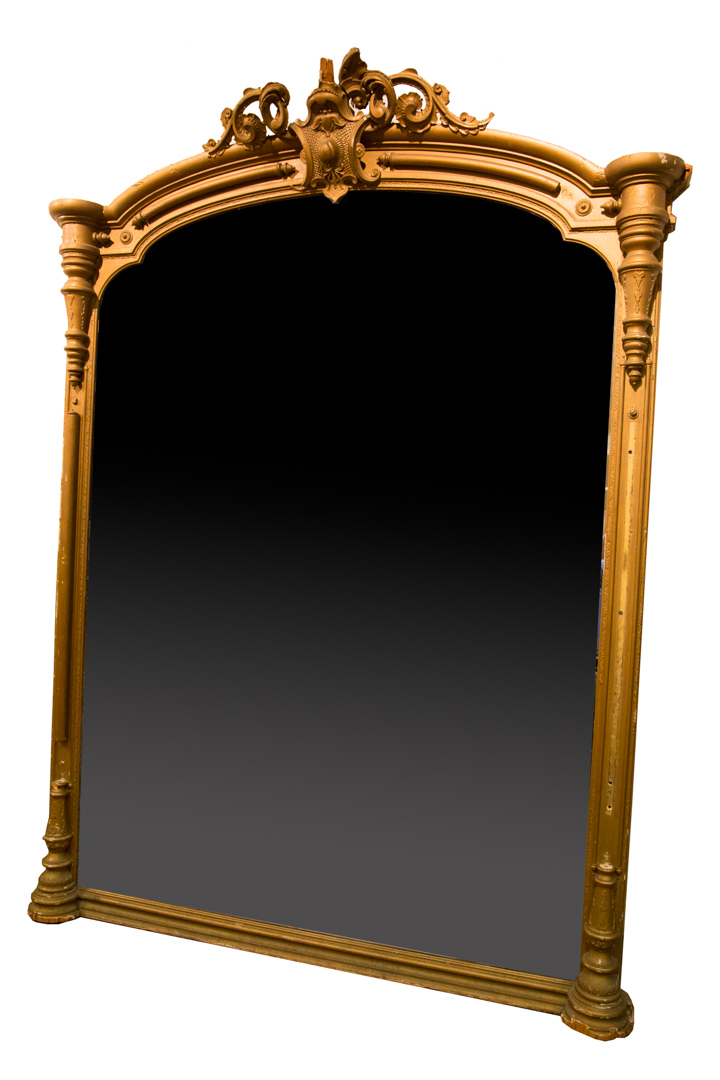 Elizabethan Revival giltwood overmantel mirror circa 1865 foliated scroll crest