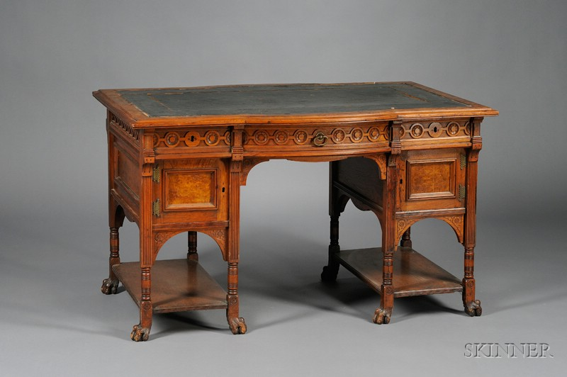 Victorian Renaissance Revival Carved Walnut and Burl Veneer Flat top