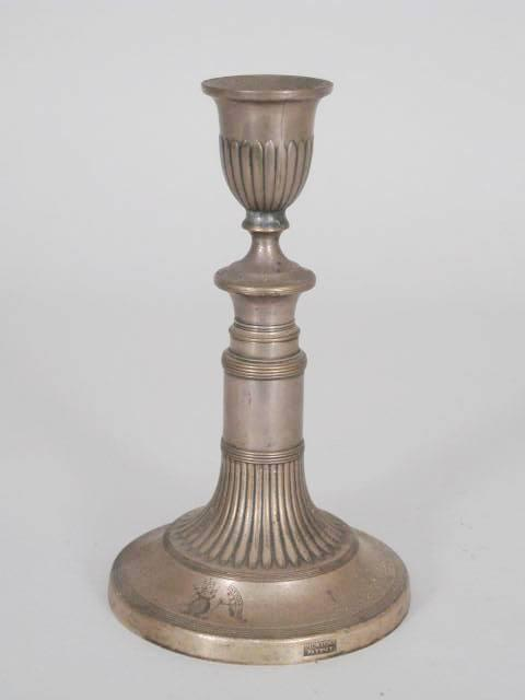 A Mortons Patent Sheffield Plated Telescopic Candlestick engraved with crest